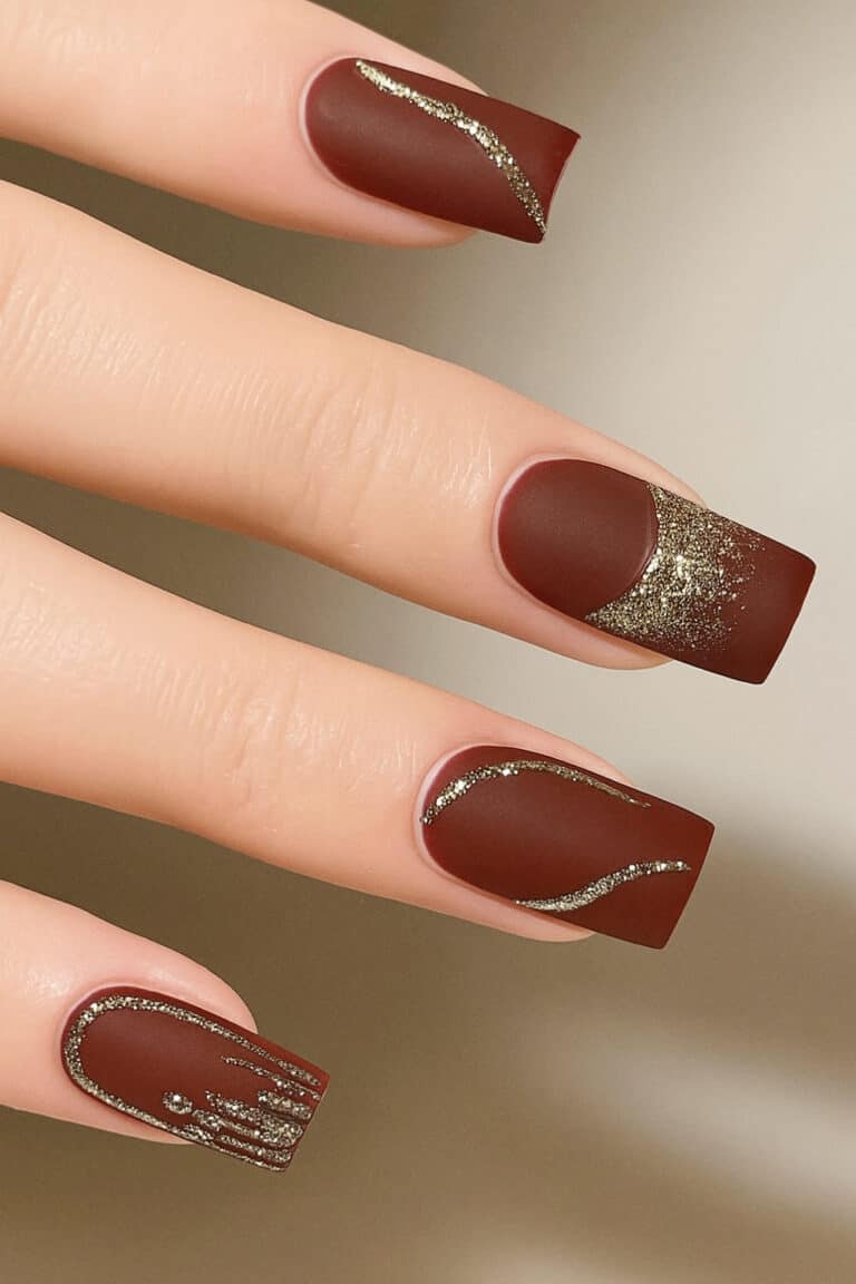 Matte burgundy base with soft, flowing gold glitter accents in wave shapes