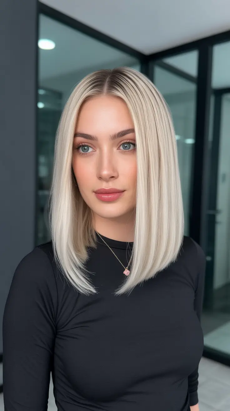 Precision Pearl-Blonde Lob with Sleek Spring Shine
