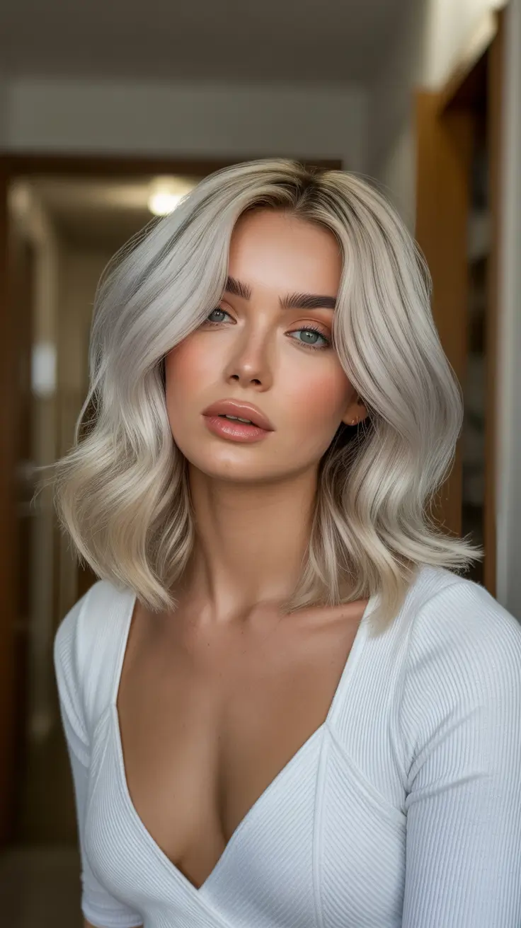 Silver-Pearl Wavy Bob with Soft Metallic Sheen