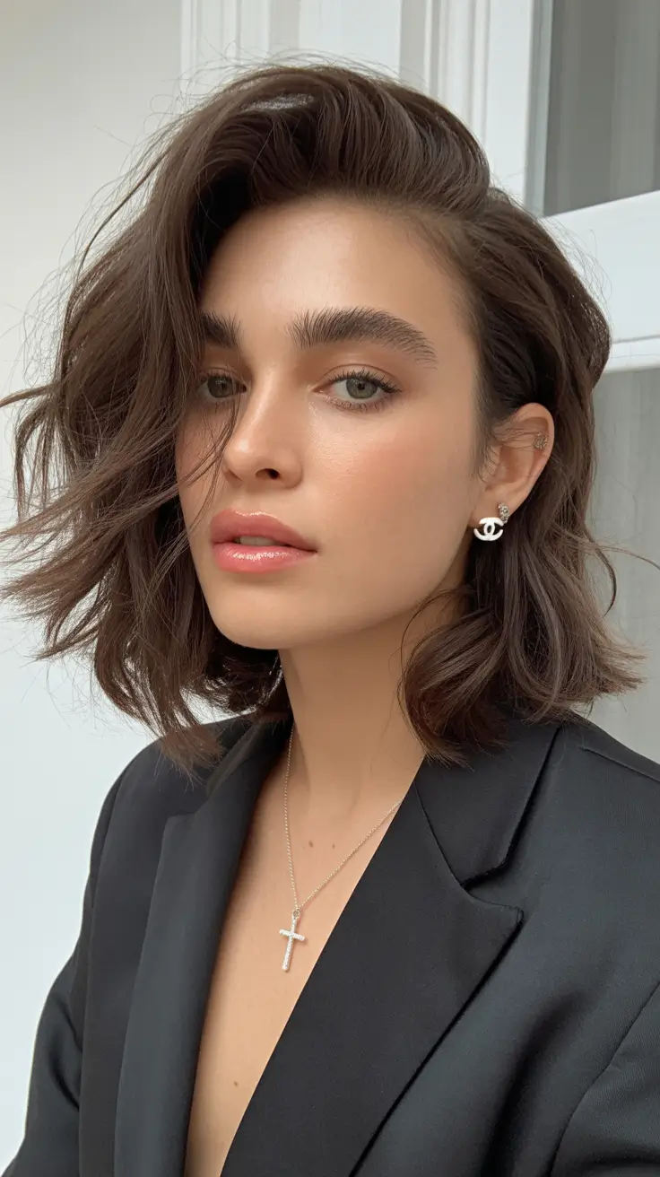 Brunette wavy bob with subtle warmth