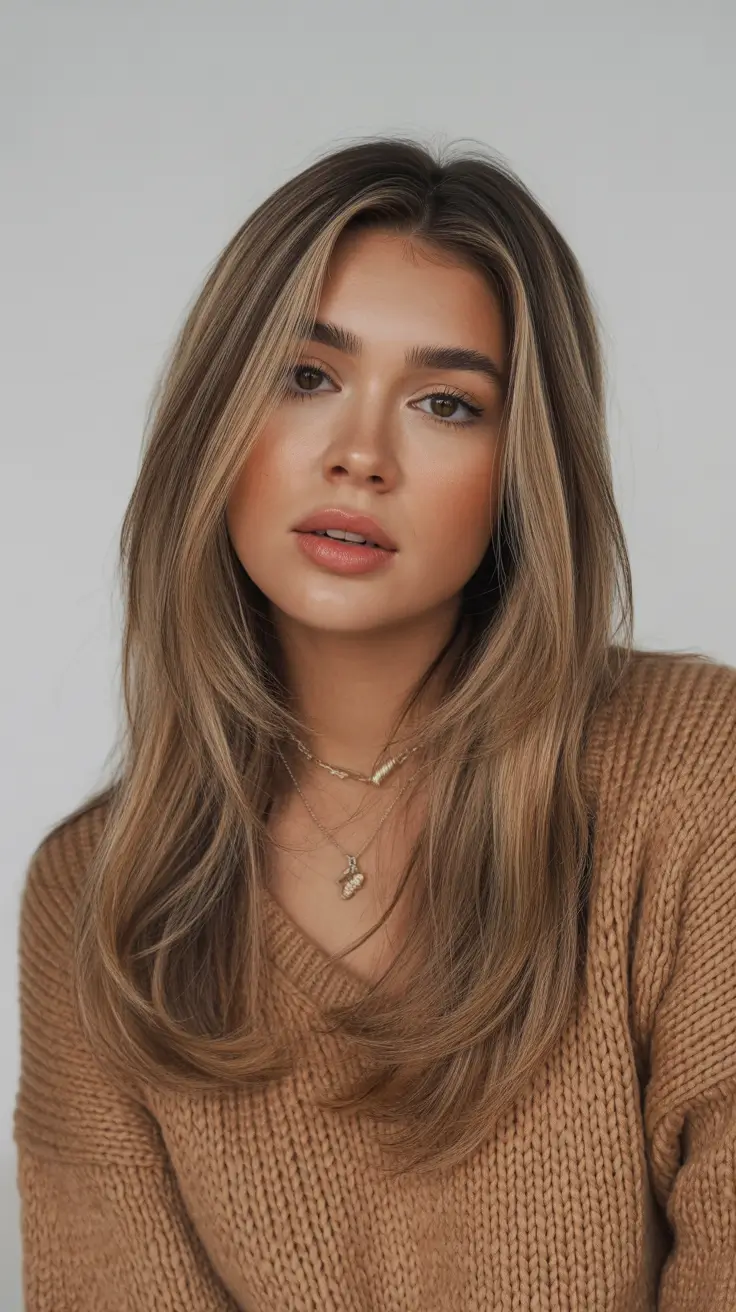 Medium-length hair with honey blonde highlights
