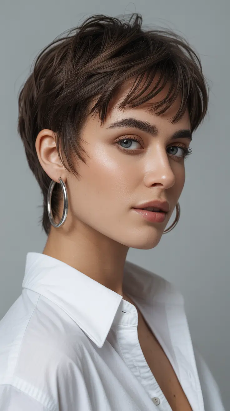 Short brunette pixie cut with texture