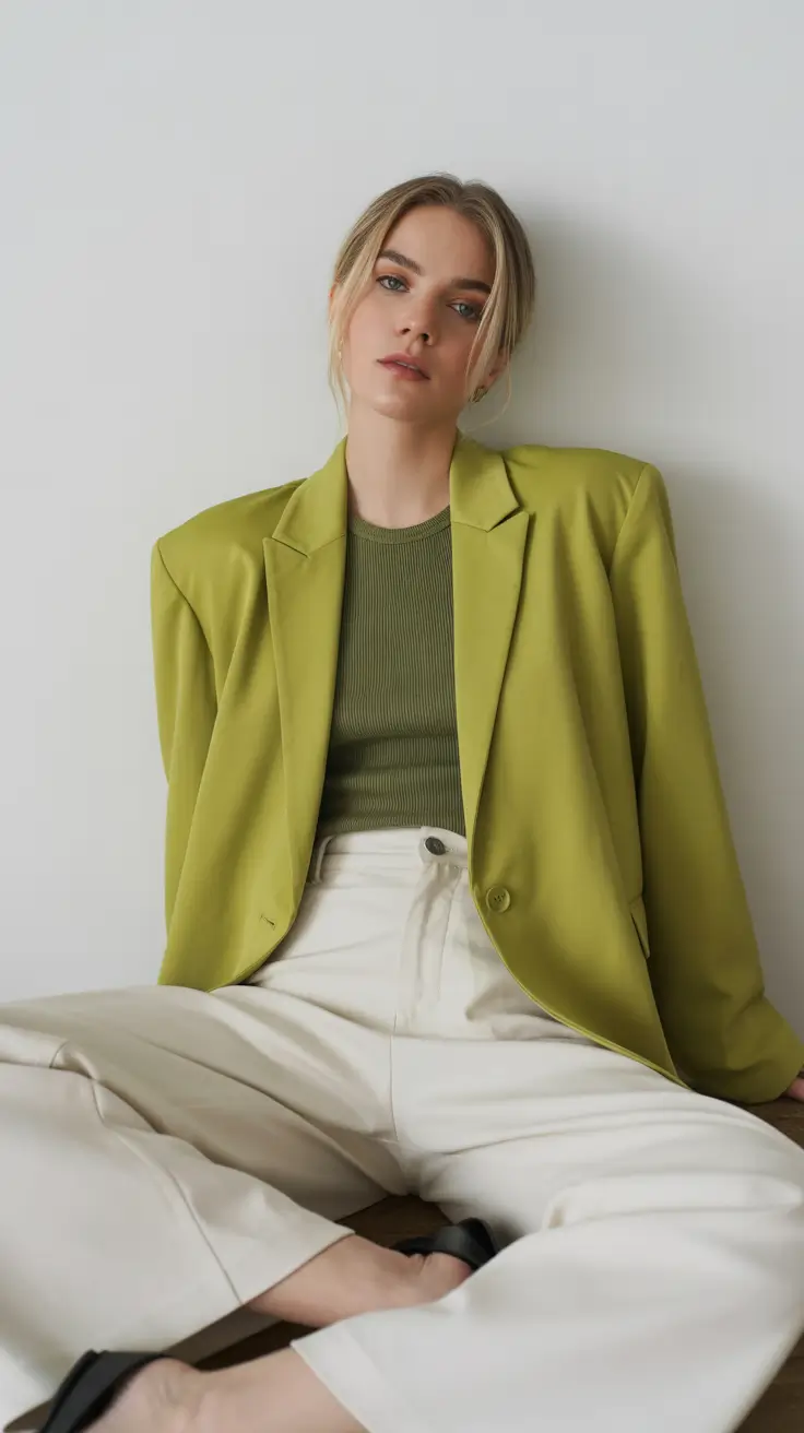 Woman wearing a soft citrus blazer and cream trousers