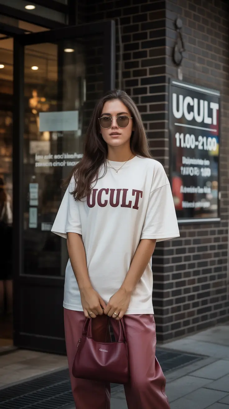Woman wearing an oversized graphic tee and maroon leather trousers