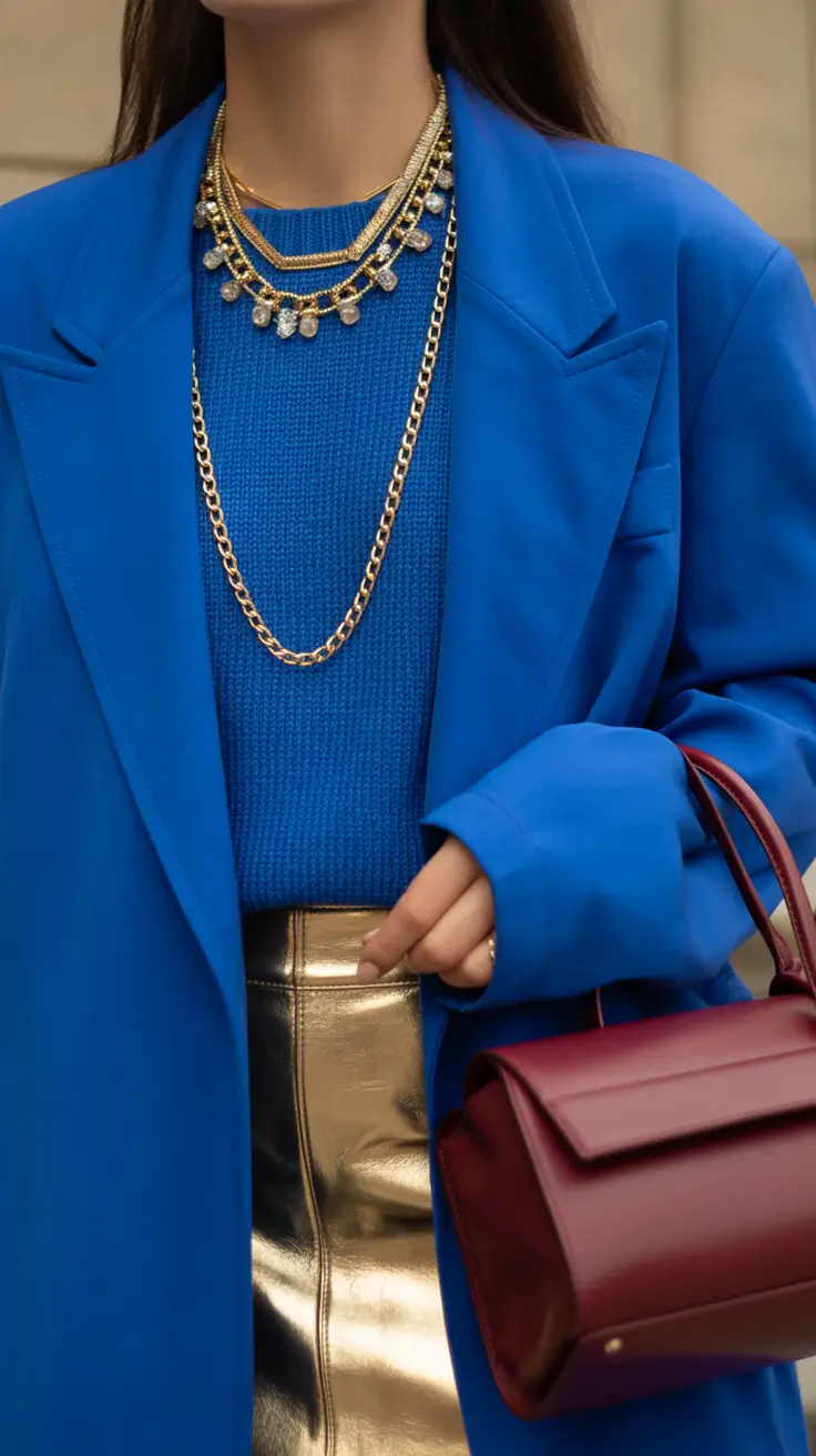Woman wearing cobalt blue knit, gold skirt, and statement jewelry