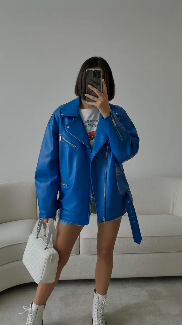 Woman wearing a bright blue moto jacket with shorts and a graphic tee