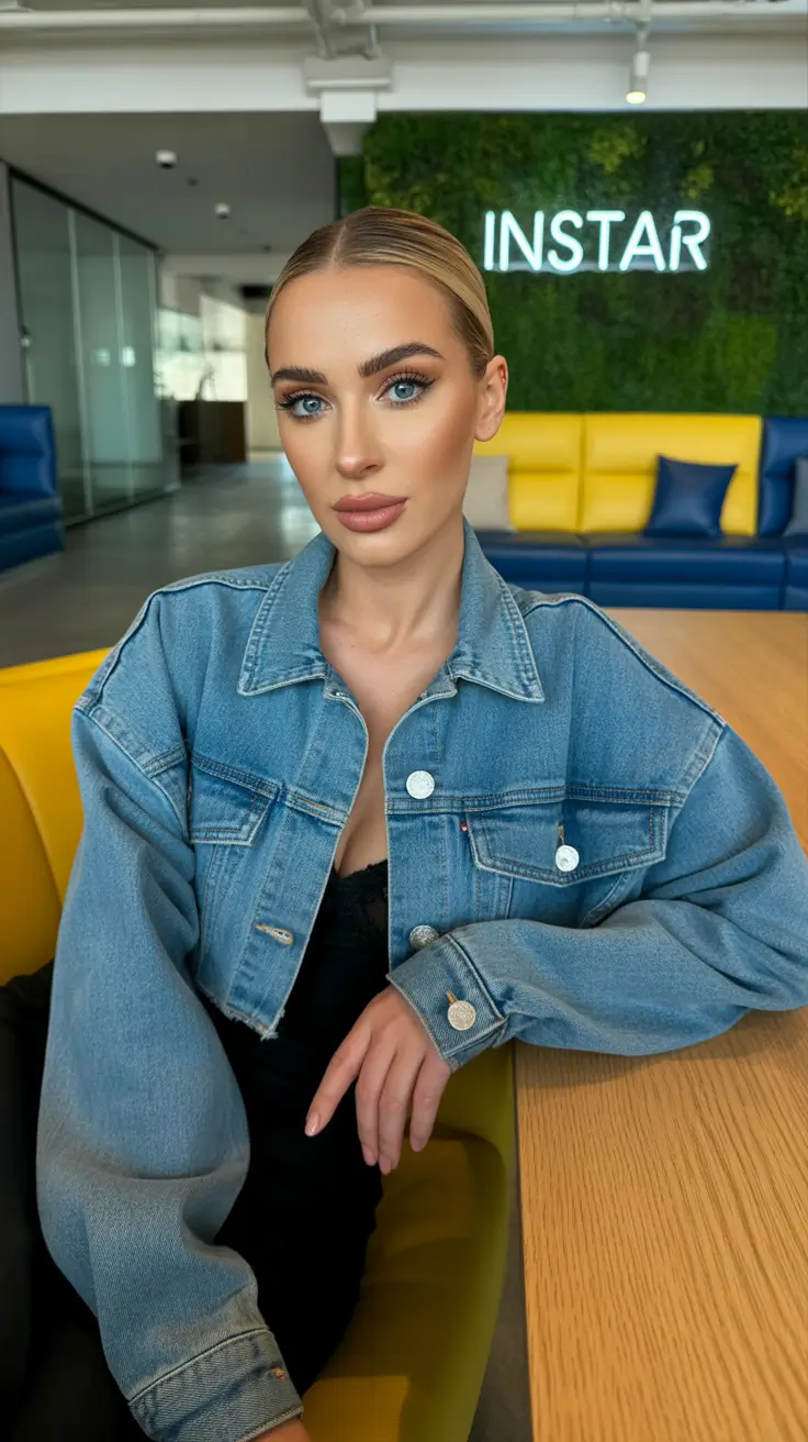 Woman wearing a soft light-wash cropped denim jacket