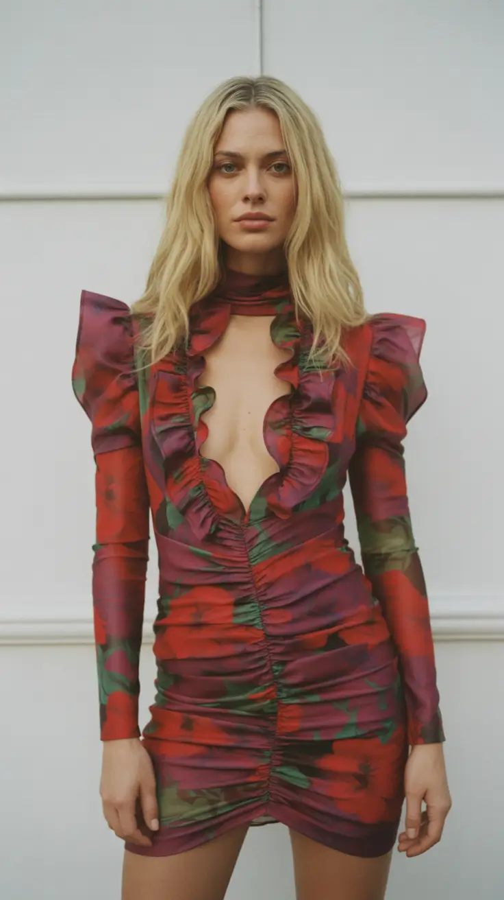 Woman wearing a floral print dress with dramatic shoulders