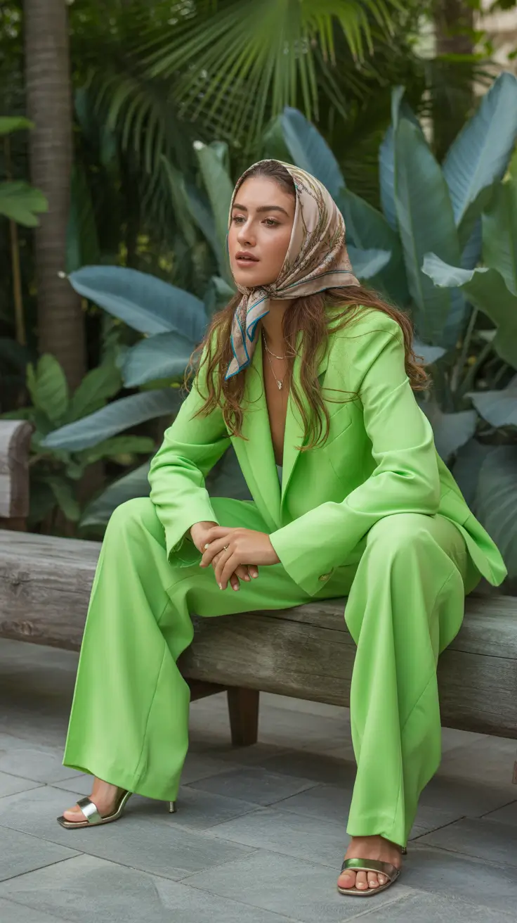 Woman wearing a neon botanical power suit with a headscarf