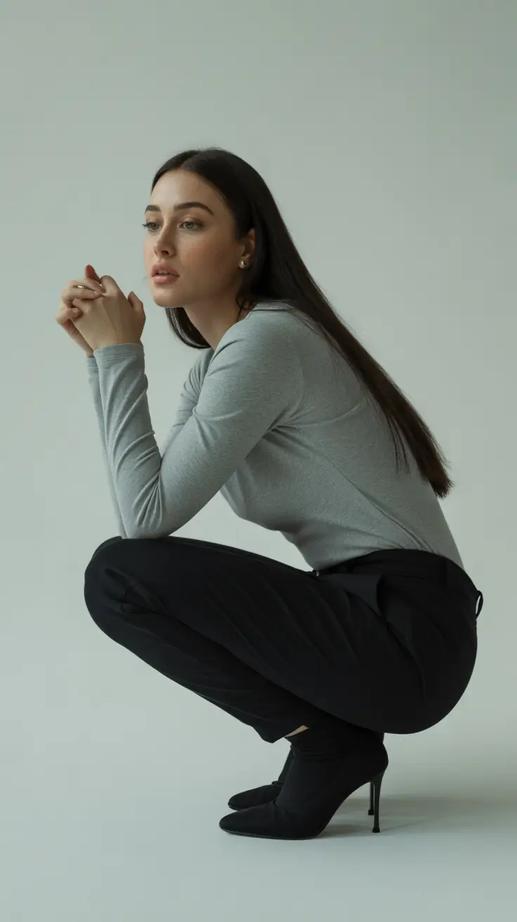 Woman wearing a grey fitted top and black trousers with sock boots