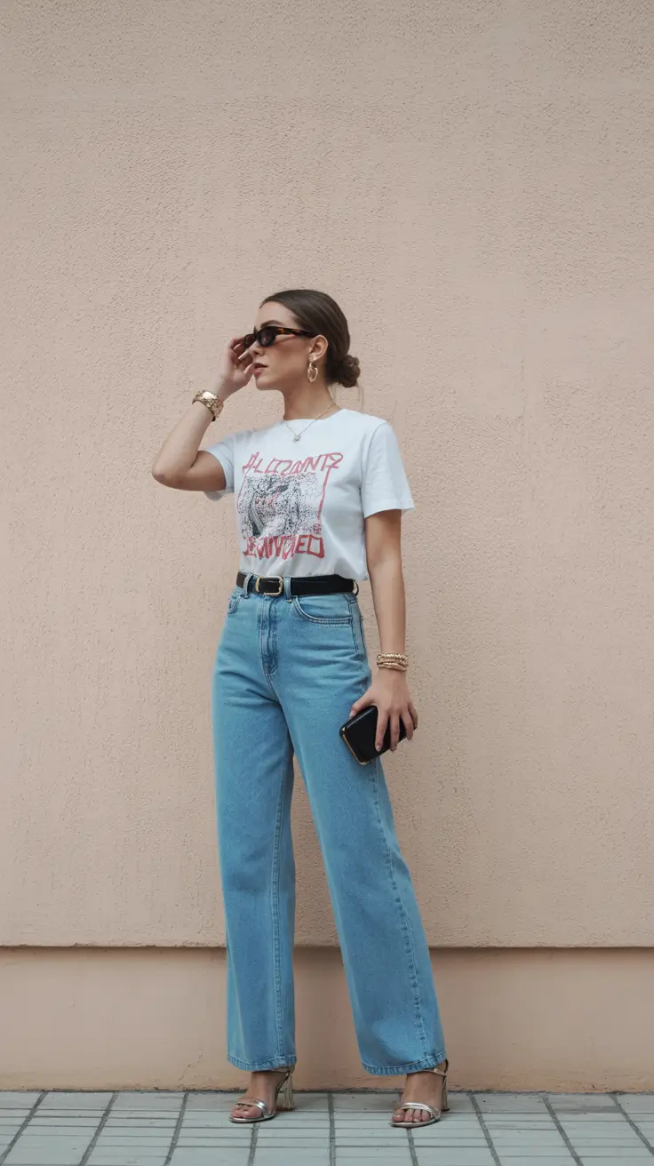 Woman wearing a graphic tee, light wash jeans, and metallic heels