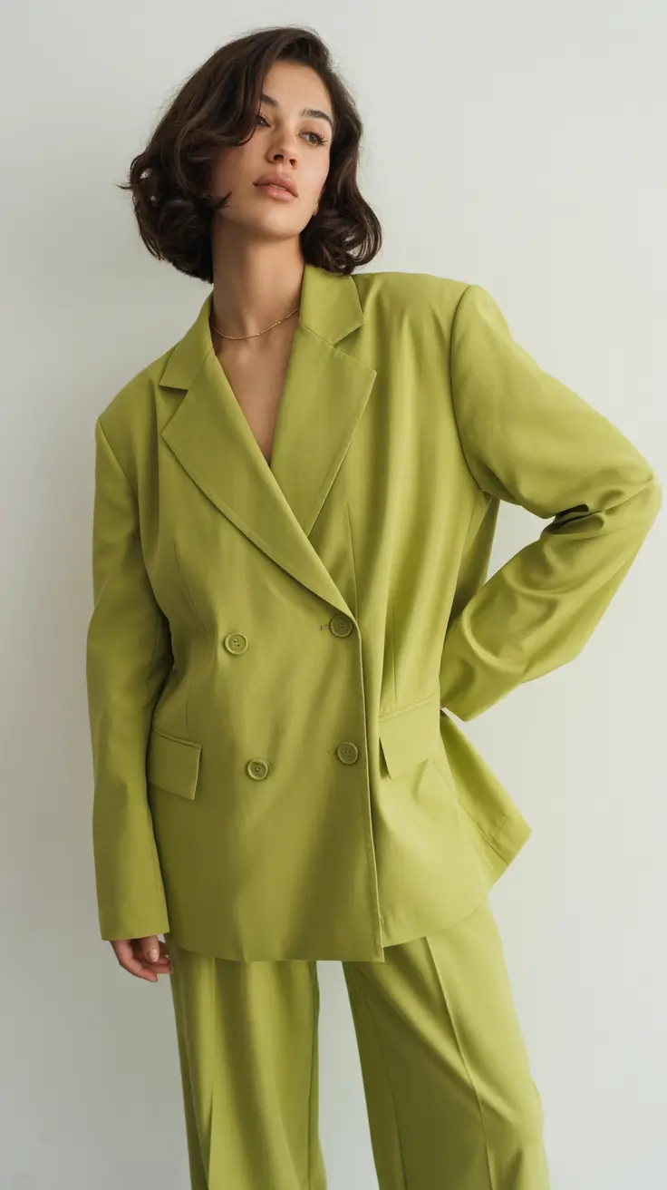 Woman wearing a structured olive suit
