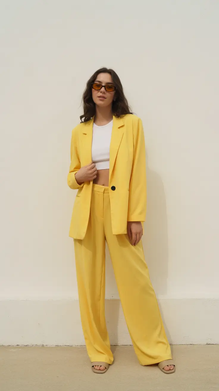 Woman wearing a bright yellow tailored suit with a cropped white top