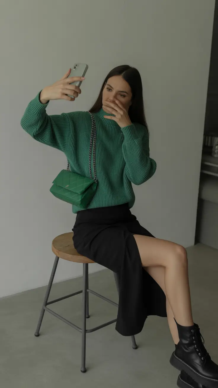 Woman wearing a green knit sweater and a black skirt