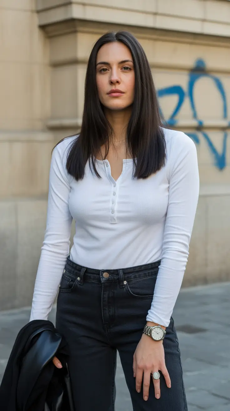 Woman wearing a white henley and black jeans