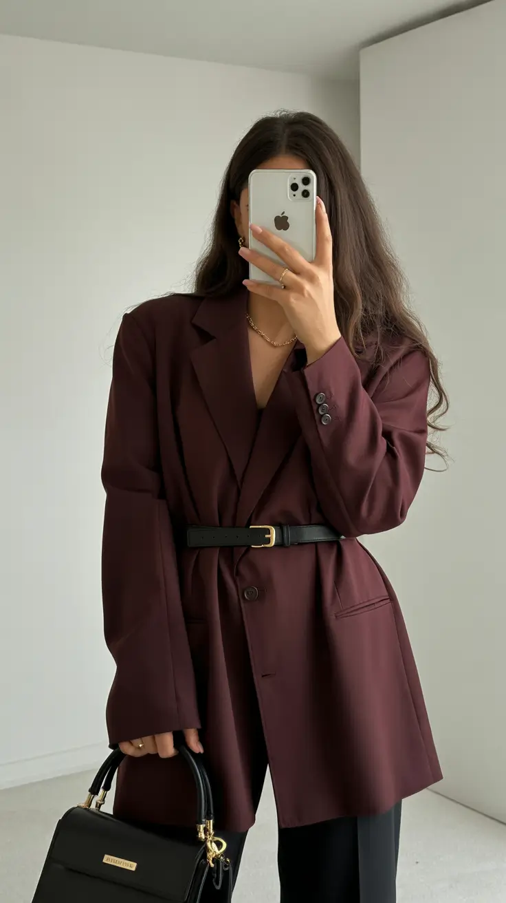 Woman wearing a belted maroon blazer with black trousers
