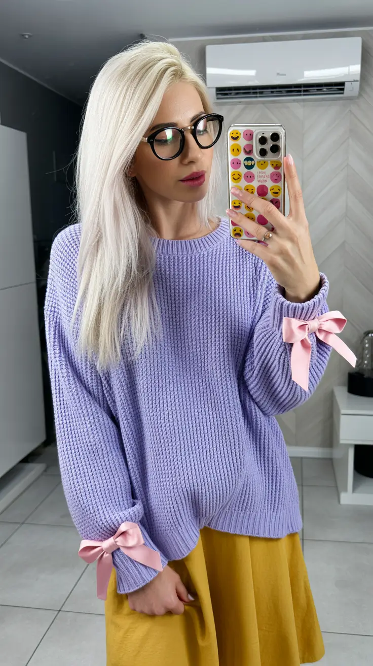 Woman wearing a lavender knit sweater and a yellow skirt