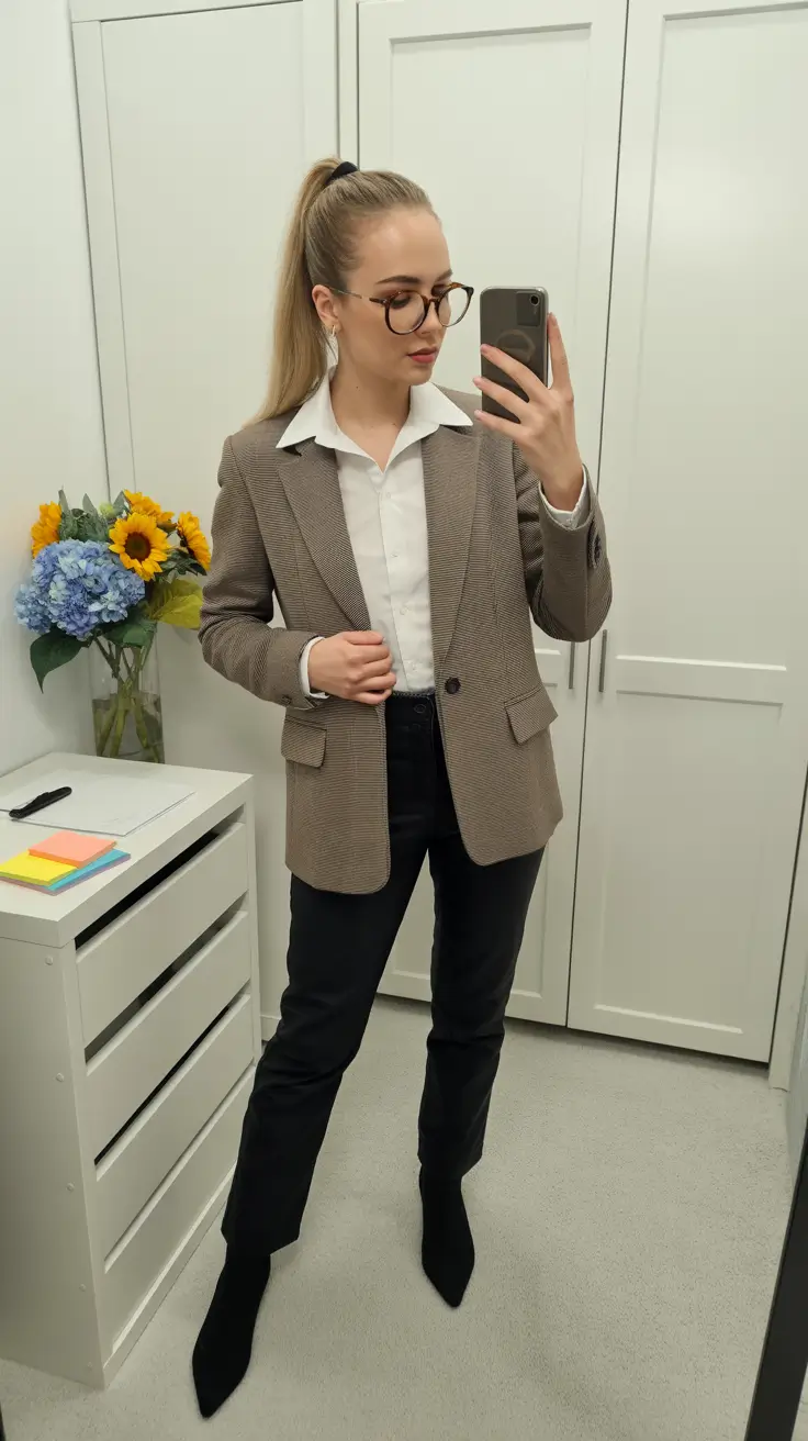 Woman wearing a taupe blazer, white shirt, and black denim