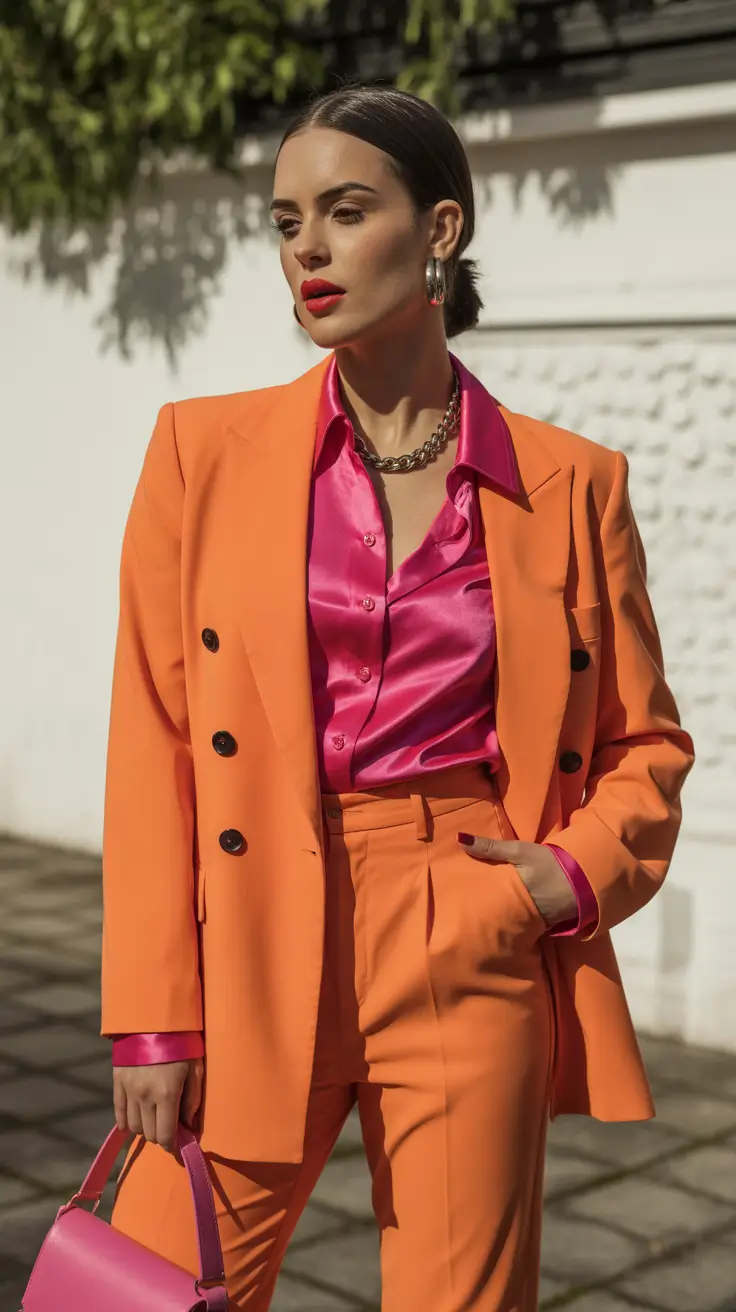 A woman wears a bright orange suit with a hot pink satin shirt and matching accessories.