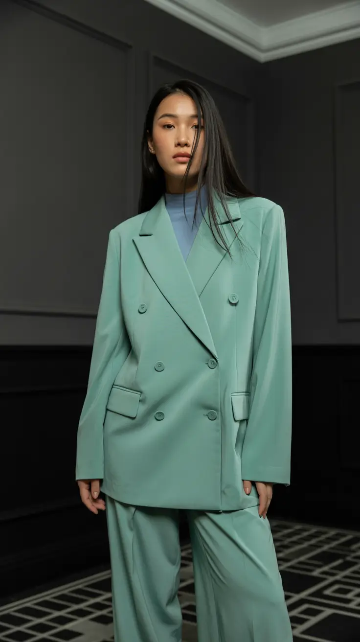 A woman wears a mint green suit with a light blue turtleneck.