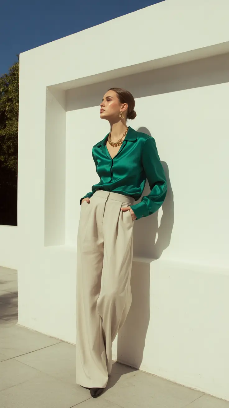 A woman wears an emerald satin blouse with cream wide-leg trousers and gold jewelry.