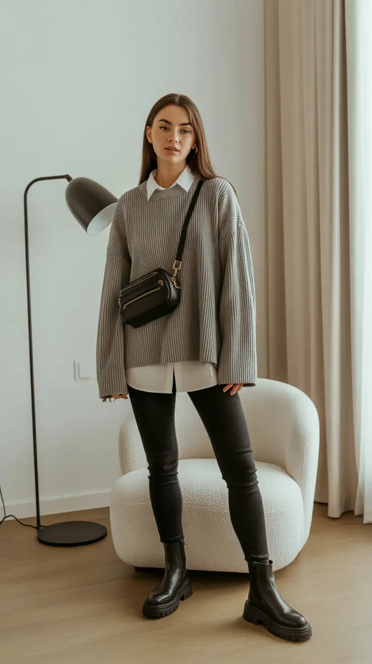 A woman wears a gray knit sweater over a white shirt with black pants and boots.