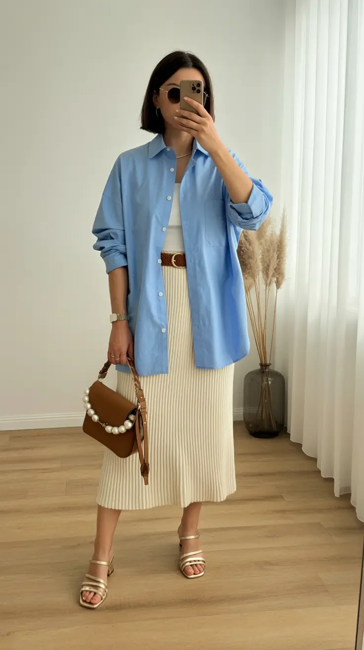 A woman wears a light blue button-down shirt over a ribbed knit skirt with pearl accents.