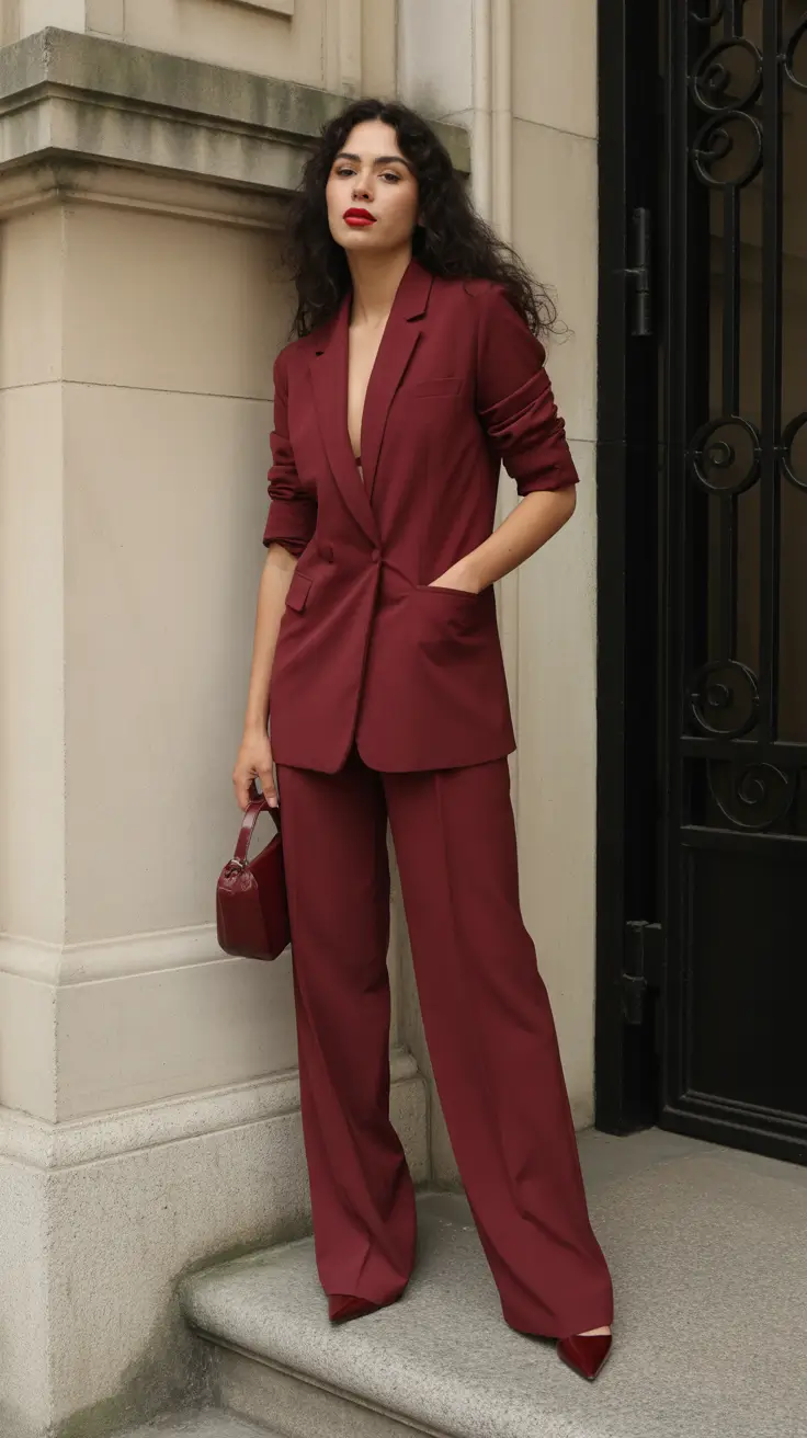 A woman wears a full burgundy suit with burgundy heels.