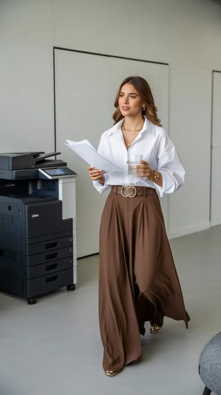 A woman wears a crisp white shirt tucked into flowing chocolate wide-leg trousers.