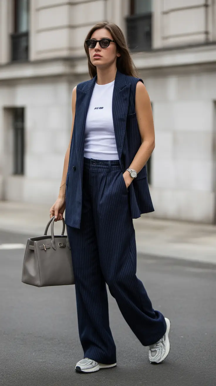 A woman wears a pinstripe vest suit with a white t-shirt and sneakers.