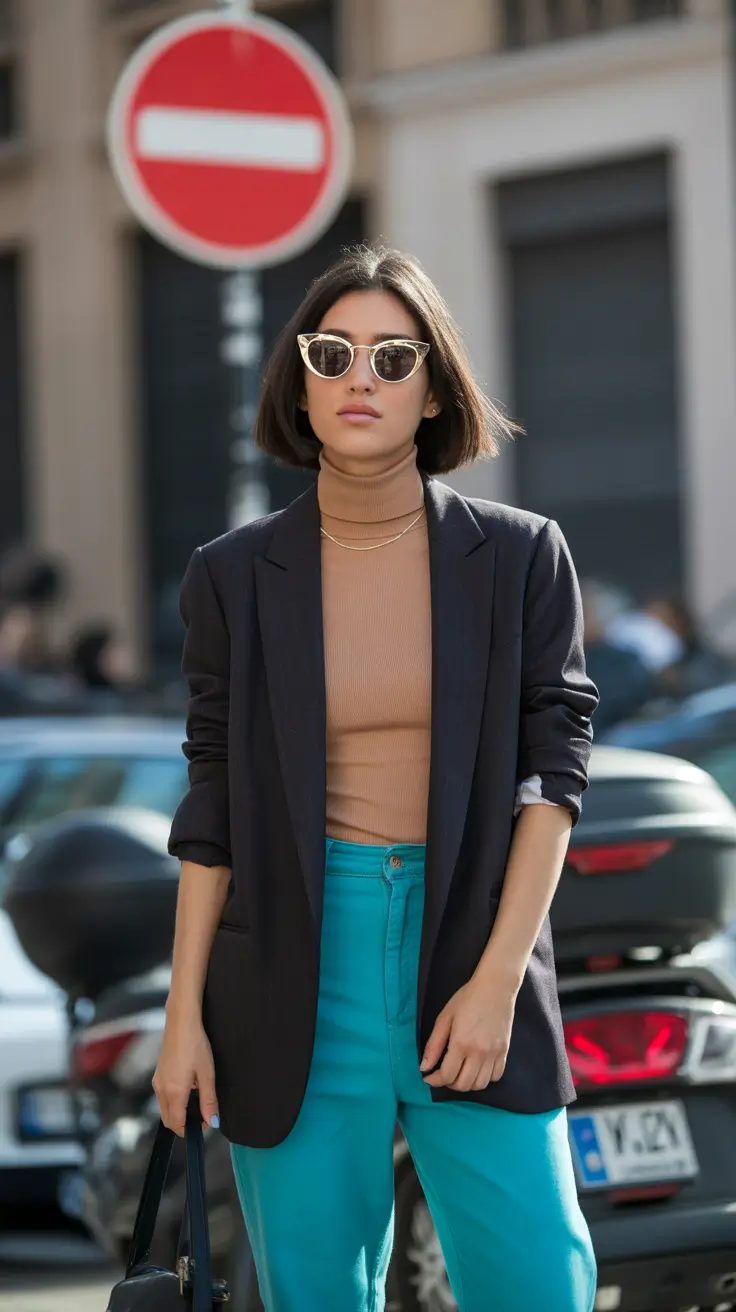 A woman wears a camel turtleneck, teal pants, and a navy blazer with sunglasses.