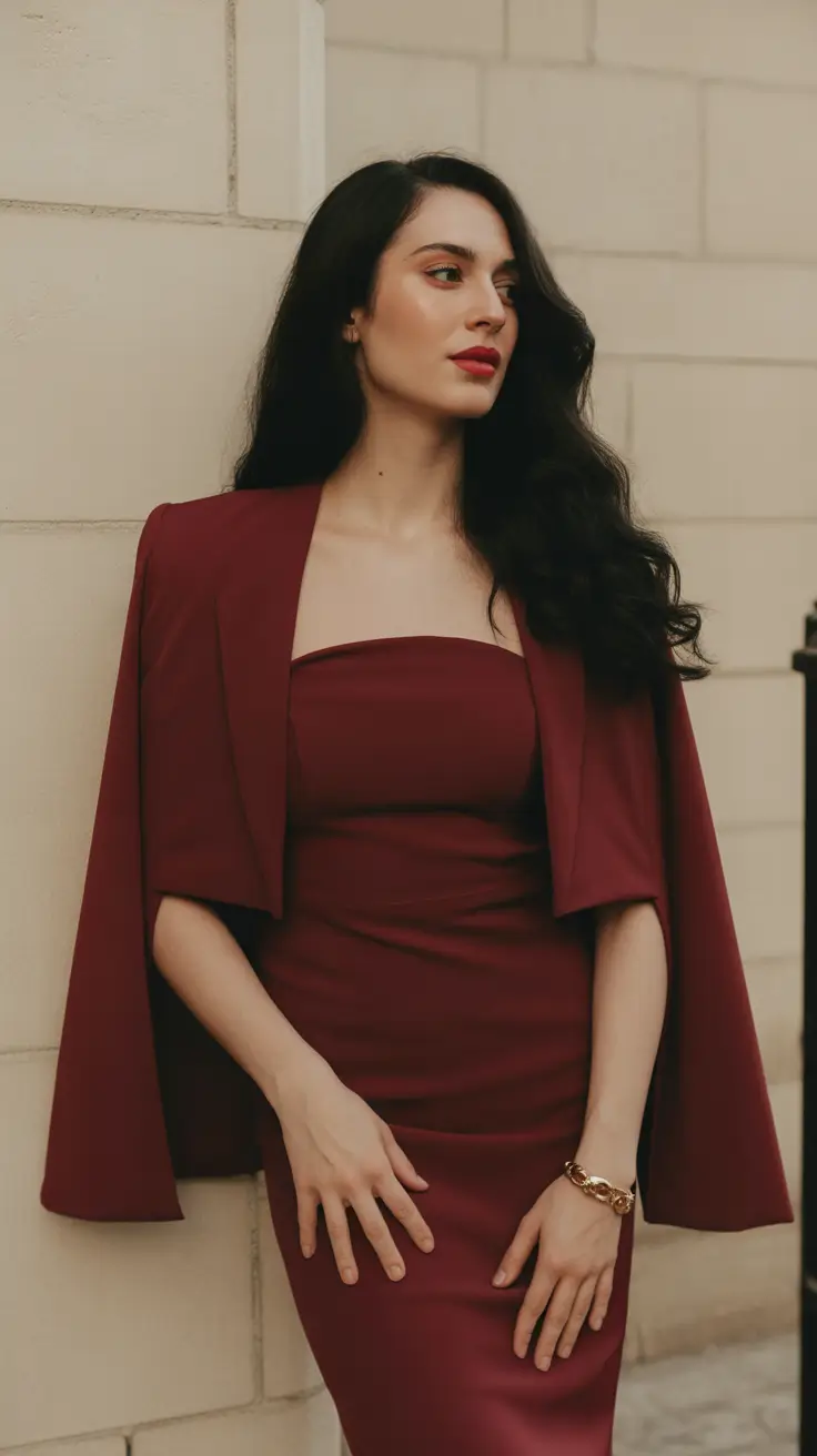 A woman wears a burgundy cape jacket over a matching strapless dress.