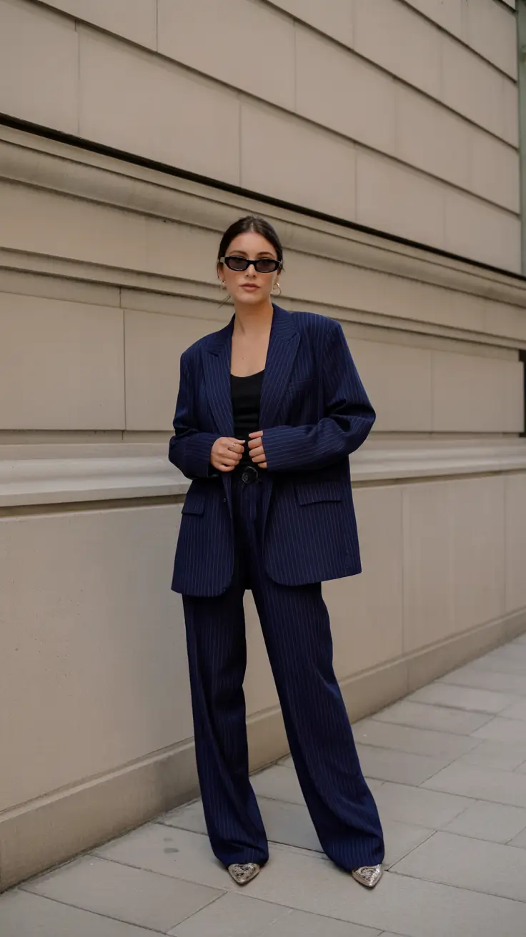 A woman wears an oversized navy pinstripe suit with a black top and metallic shoes.