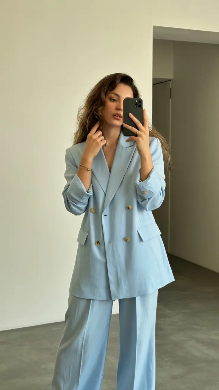 A woman wears an oversized pastel blue suit with delicate jewelry.