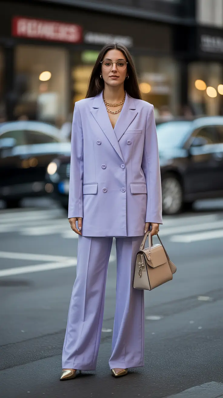 A woman wears a lilac suit with a structured beige bag and gold jewelry.