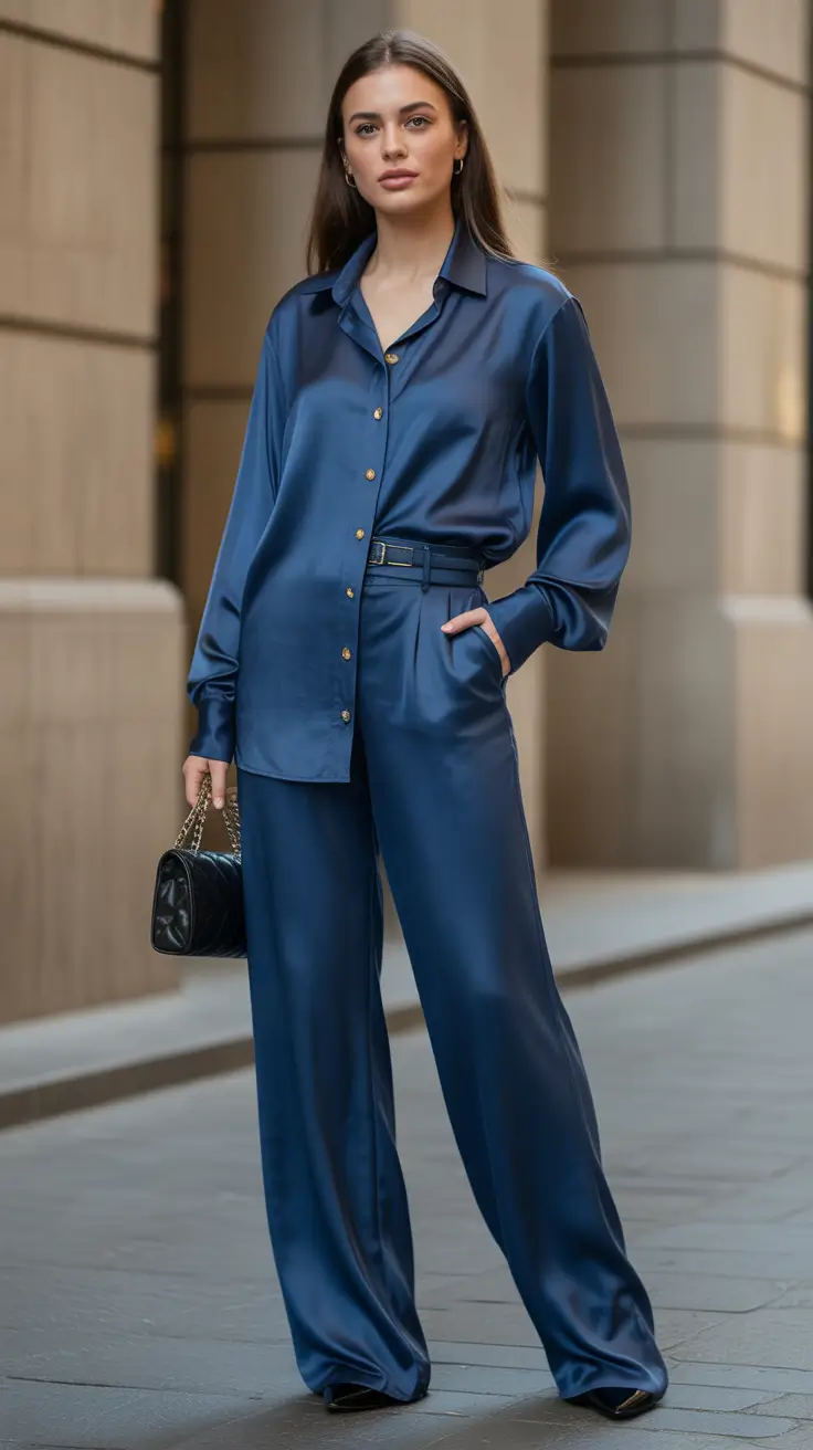 A woman wears a navy satin blouse and matching wide-leg trousers.