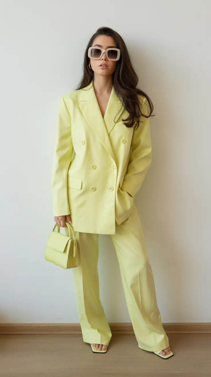 A woman wears an oversized lemon yellow suit with matching micro-bag and sunglasses.