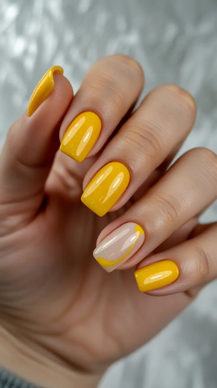 Sunny yellow square nails with a nude base and curved yellow accent.
