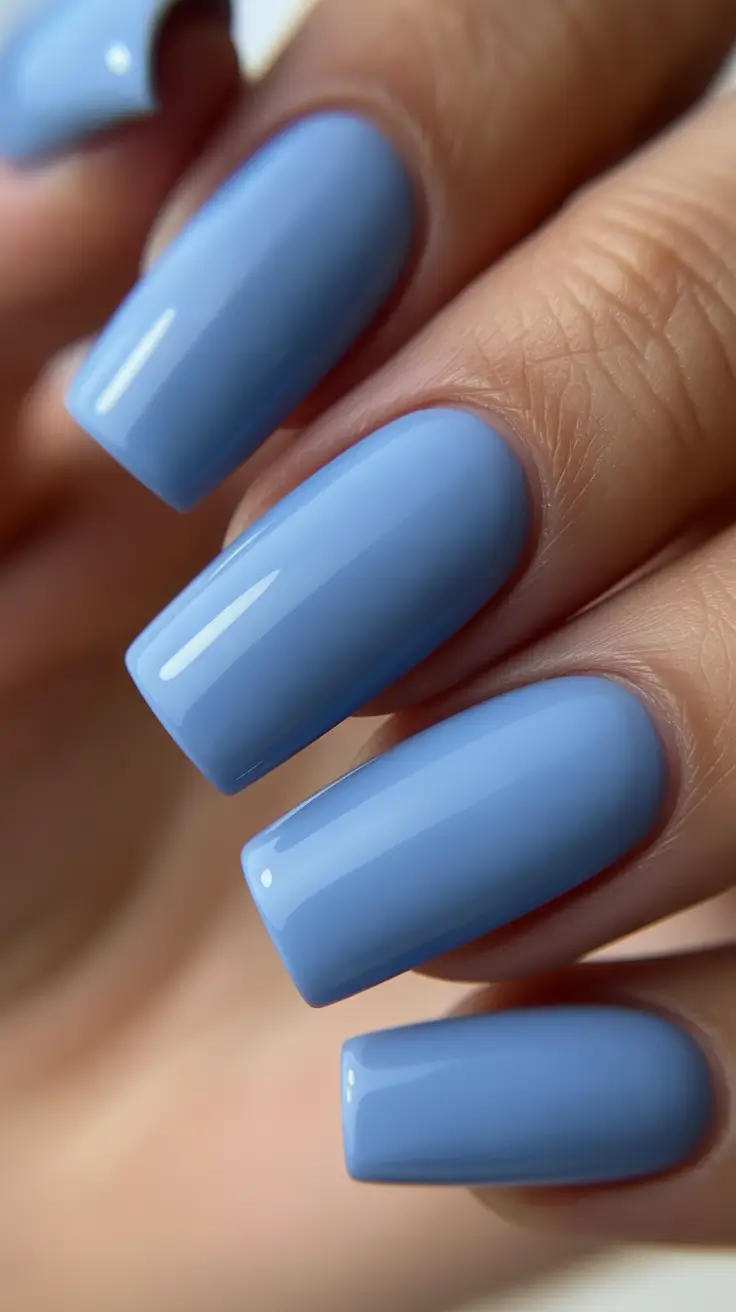 Light periwinkle long square nails.