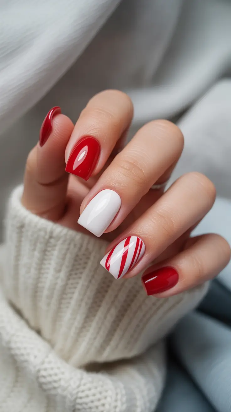 Red and white peppermint stripe square nails.