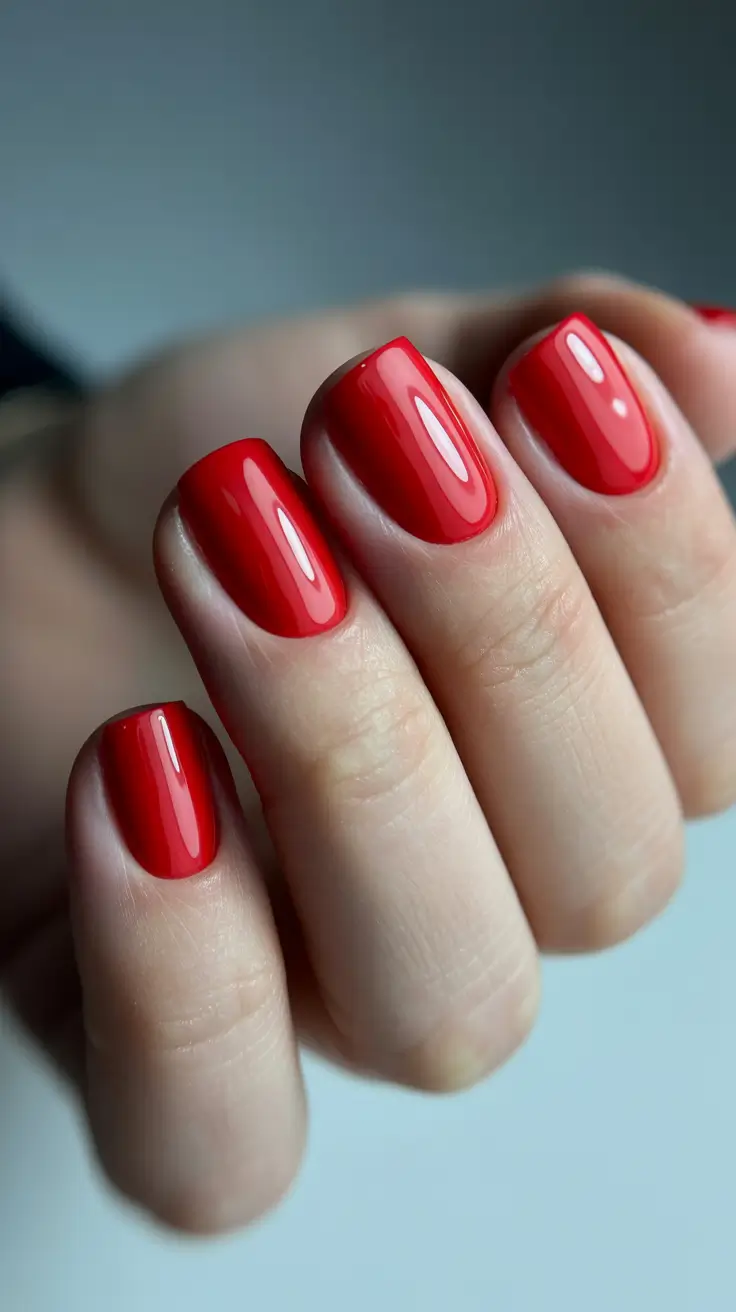 Classic glossy scarlet red square nails.