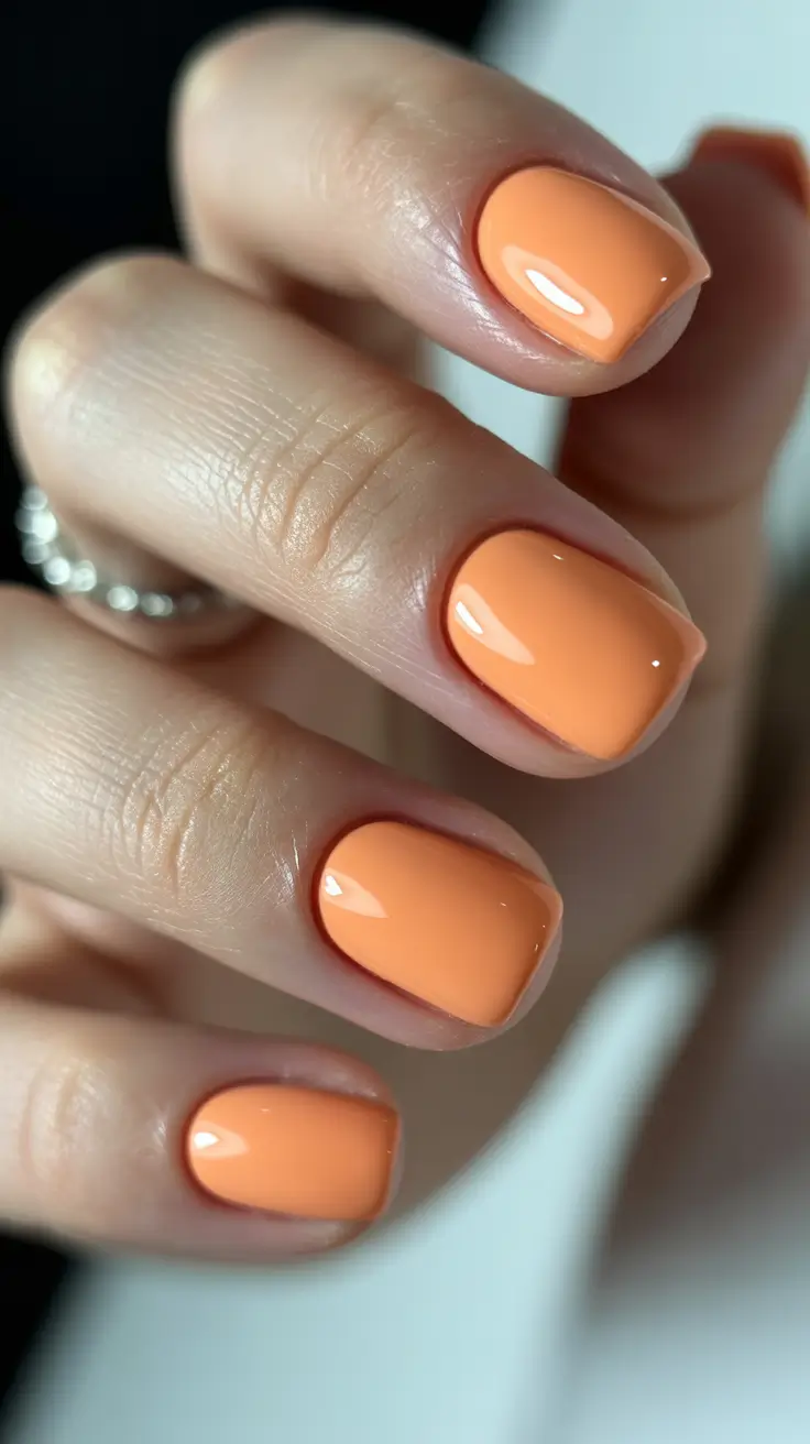 Peach sorbet short square nails.
