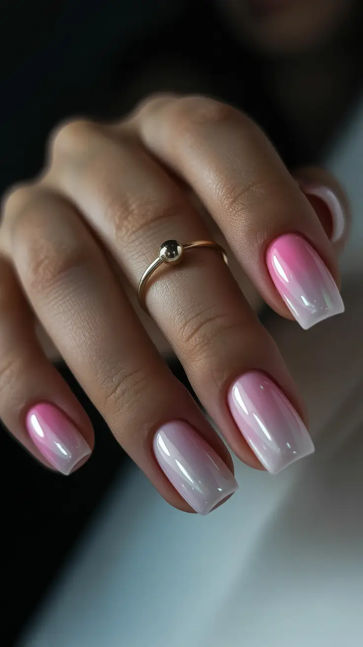 Pink pearl ombre effect on long square nails.
