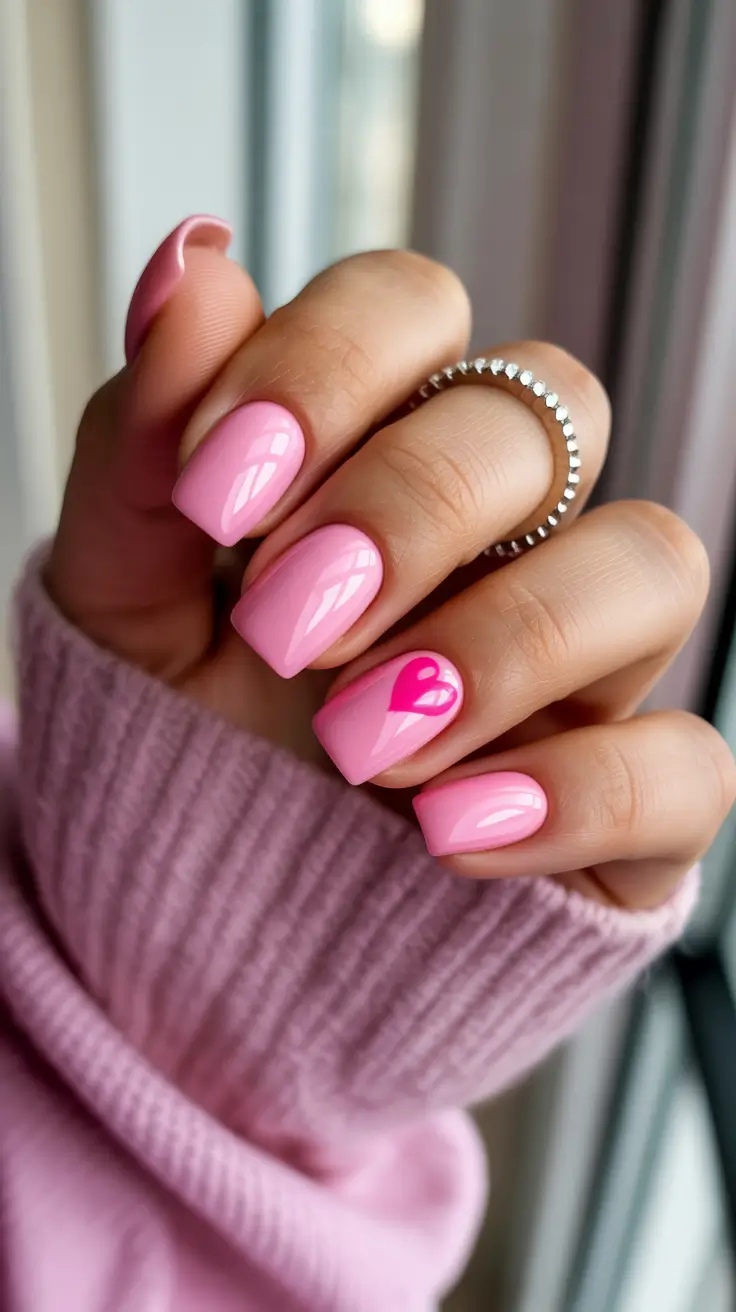 Cotton candy pink square nails with a heart accent.