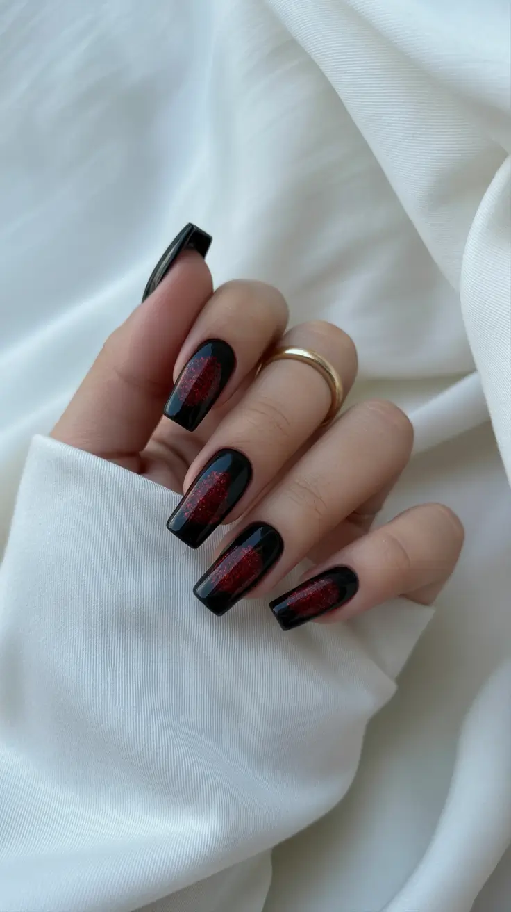 Black square nails with a vertical red glitter stripe.