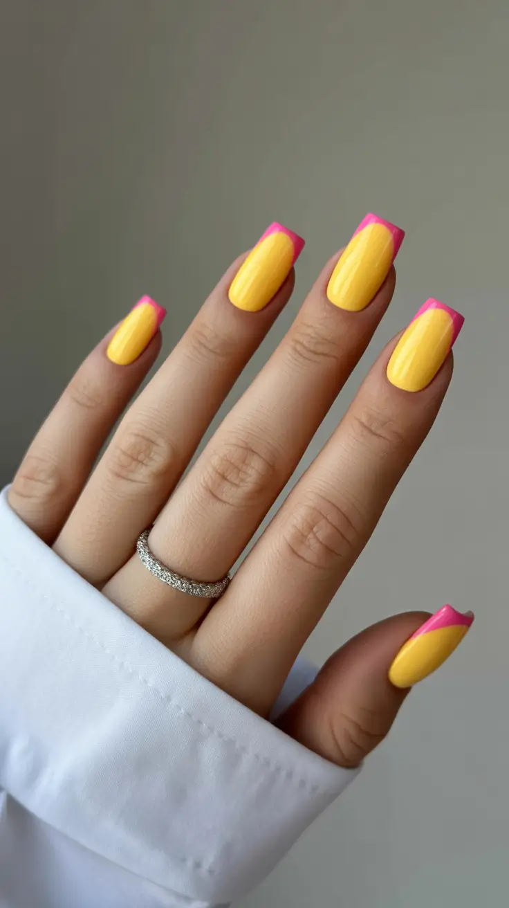 Neon yellow French tips with hot pink accents on square nails.