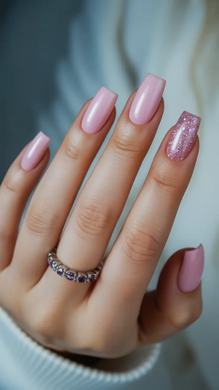 Soft pink square nails with one glitter accent nail.