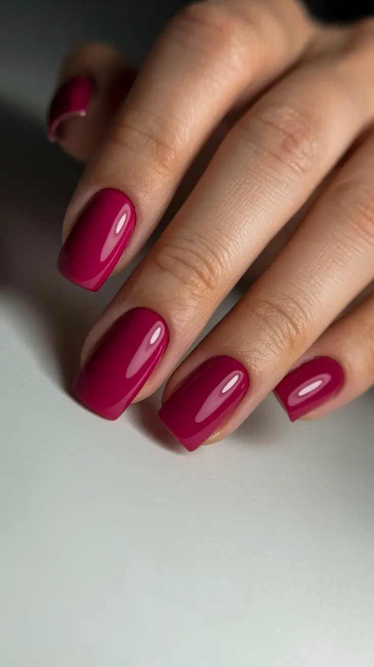 Rich berry red square nails.