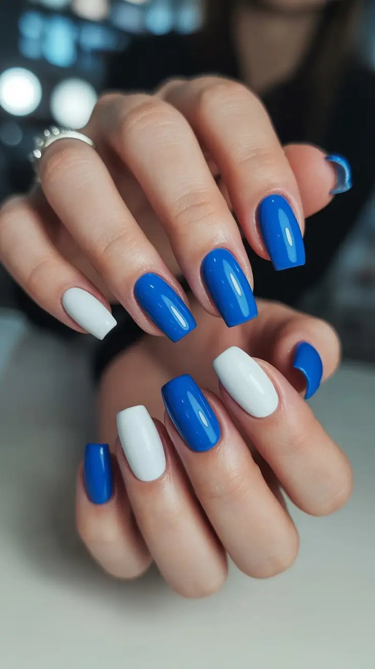 Blue and white geometric square nails.