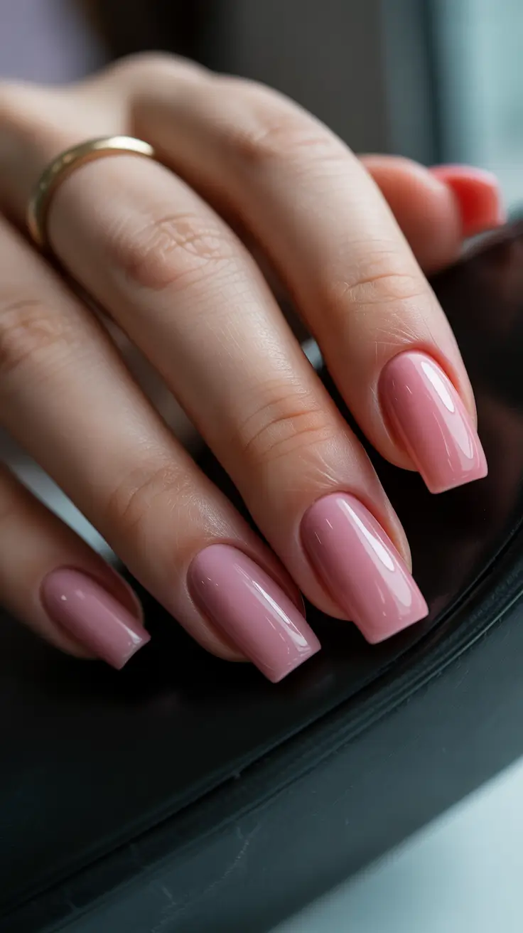 Soft rose neutral square nails.